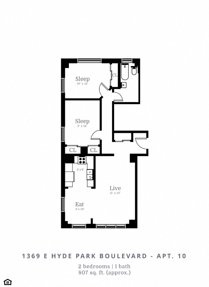 Floor plan for 2 beds, 1 bath, 807 sqft